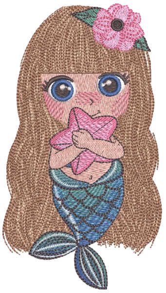 Mermaid with sea star embroidery design