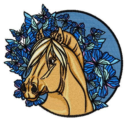 Horse and blue butterflies machine embroidery design