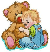 Baby boy with huge teddy bear embroidery design