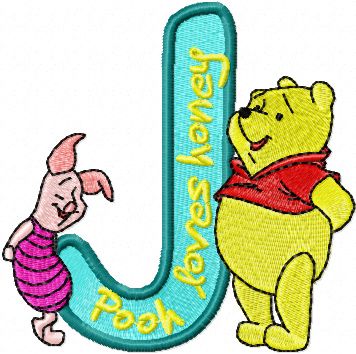 Pooh Piglet alphabet letter j machine embroidery design