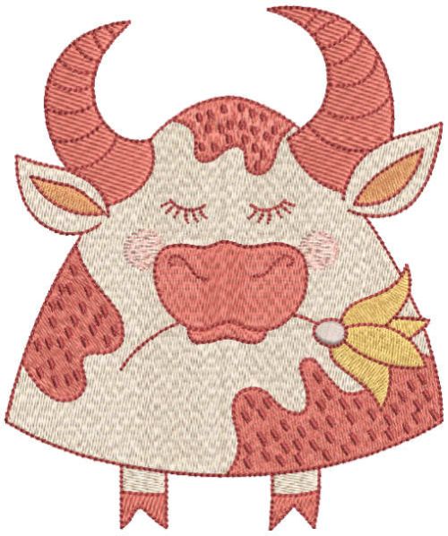 Cute buffalo with flower embroidery design