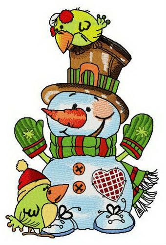 Snowman with couple of green birdies machine embroidery design