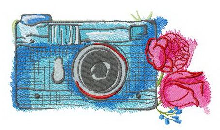 Blue camera and roses machine embroidery design