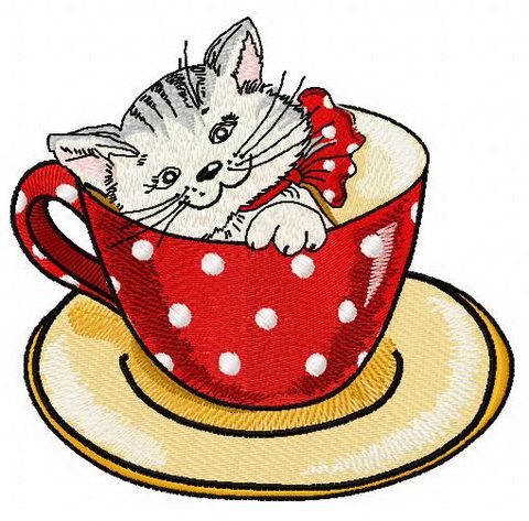 Cat in cup machine embroidery design