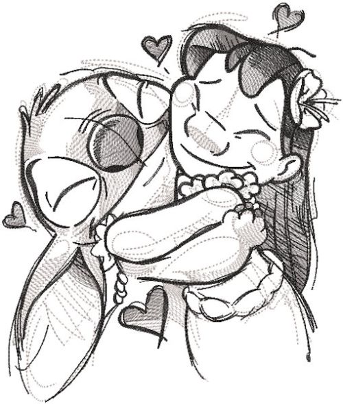 Love Lilo and stitch greyscale sketch embroidery design