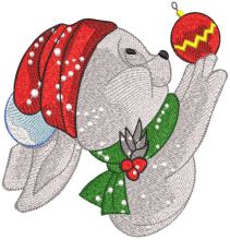 Bunny in a knitted hat hangs a Christmas ball embroidery design