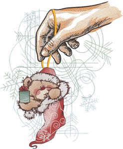 Hand holding Christmas sock with bear embroidery design