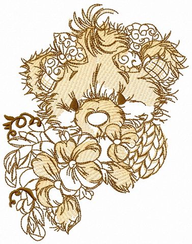 Teddy bear with pansies sketch machine embroidery design