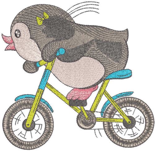 Penguin cyclist embroidery design