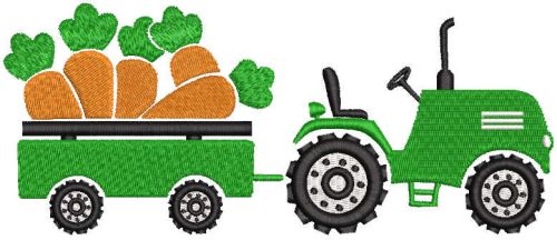 Tractor pulling cart with carrots embroidery design