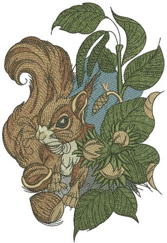 Squirrel with hazelnut machine embroidery design