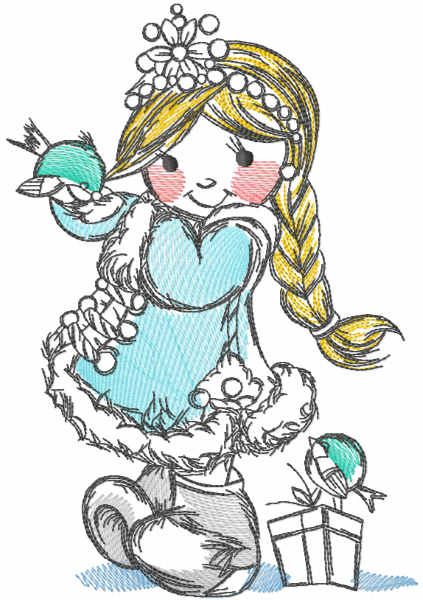 Tattered snow maiden with bird embroidery design