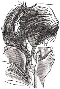 Sketch girl with hot cup drink