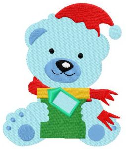Blue bear with gift embroidery design