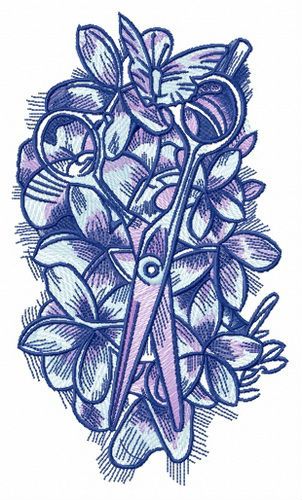 Scissors lost in flower bed machine embroidery design