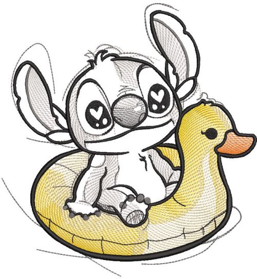 Stitch rides a rubber duck embroidery design