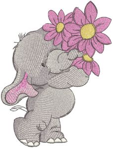 Elephant with bouquet pink flower embroidery design