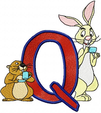 Rabbit and Gopher alphabet letter q machine embroidery design