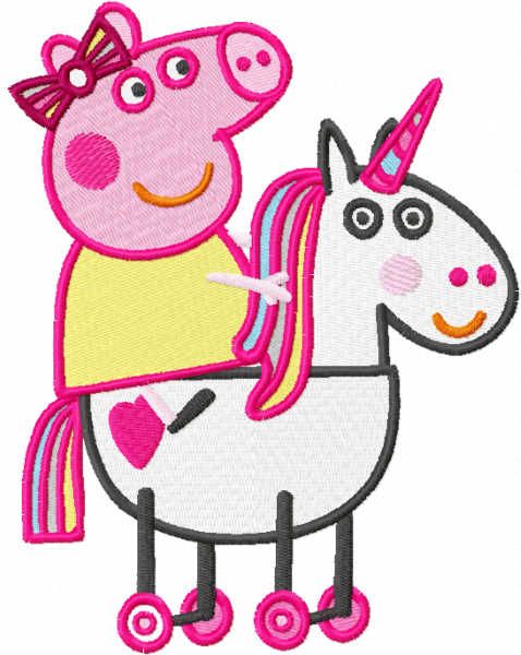 Peppa pig riding horse embroidery design