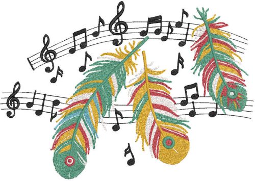 Feathers and notes embroidery design