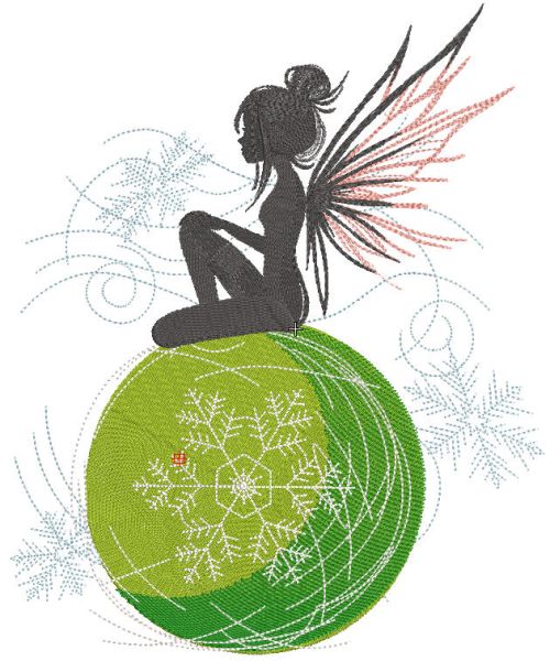 Fairy sitting on Christmas ball embroidery design