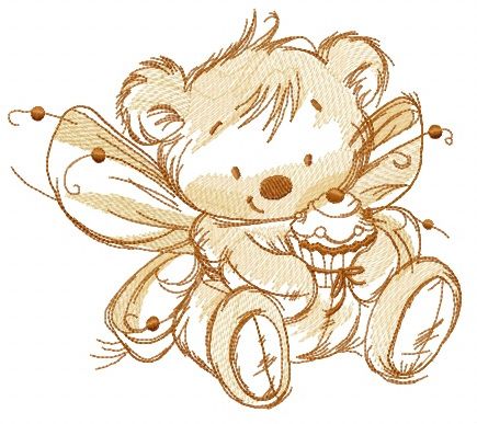 Bear fairy with cupcake sketch machine embroidery design