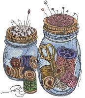 Grandmother's jars with needlework items