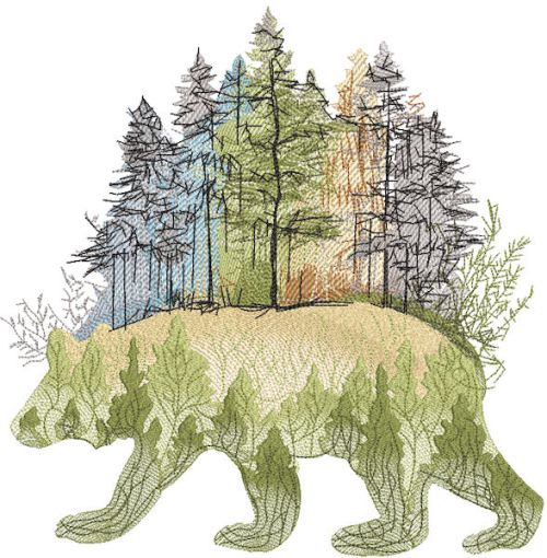 Walking bear in autumn forest embroidery design