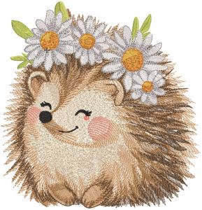 Hedgehog in a wreath of daisies embroidery design