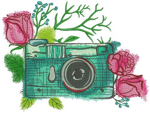 Camera and roses machine embroidery design
