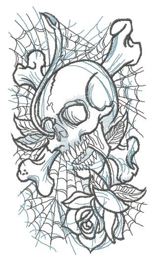 Skull, rose and web machine embroidery design