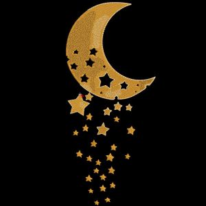 Desenho de bordado de estrelas douradas e lua crescente