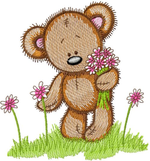 Cute Teddy collect flowers embroidery design