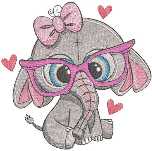 Baby girl elephant with pink glasses embroidery design