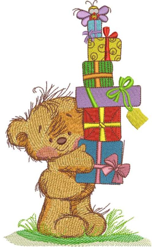 Teddy bear with gift boxes embroidery design