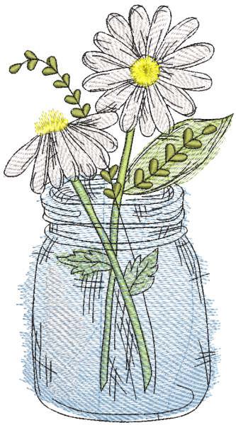 Summer daisies in a jar embroidery design