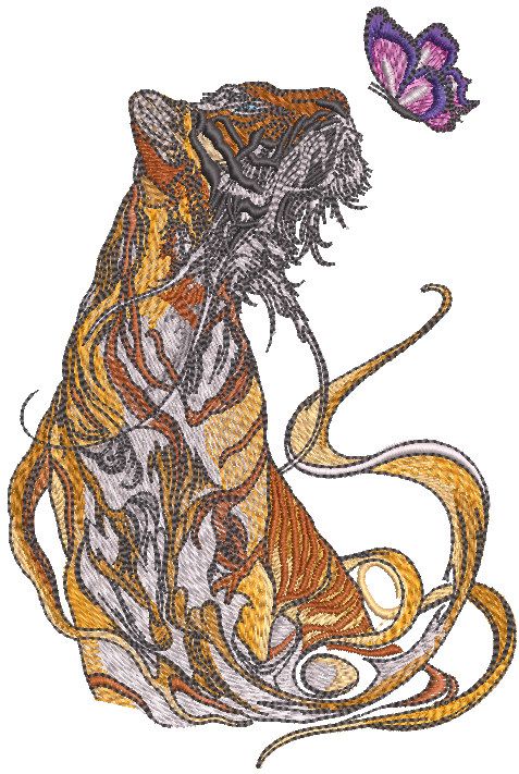Fragile friendship of tiger and butterfly embroidery design