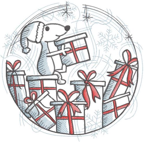 Snow globe dog prepares gifts embroidery design