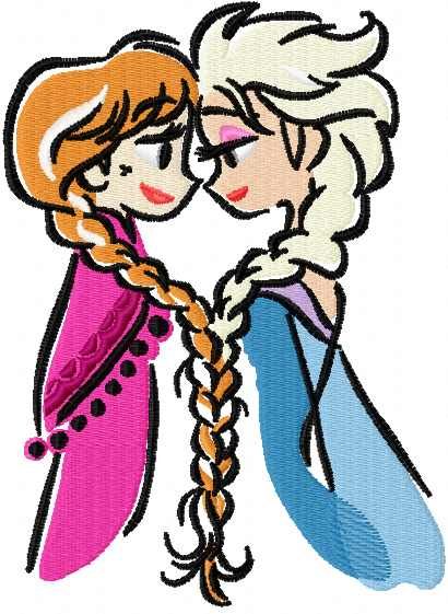 Anna and Elsa color sketch embroidery design