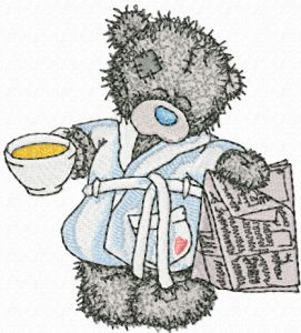 Teddy Bear favorite tea and evening newspaper
