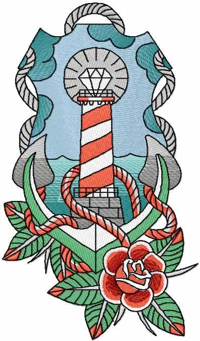 lighthouse with anchor rose embroidery design