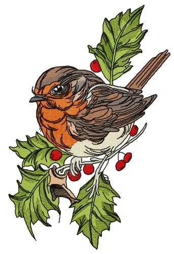 Robin on branch of holly machine embroidery design