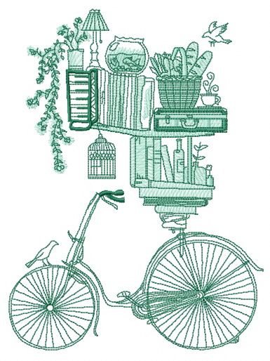 Book shelves and bike sketch machine embroidery design