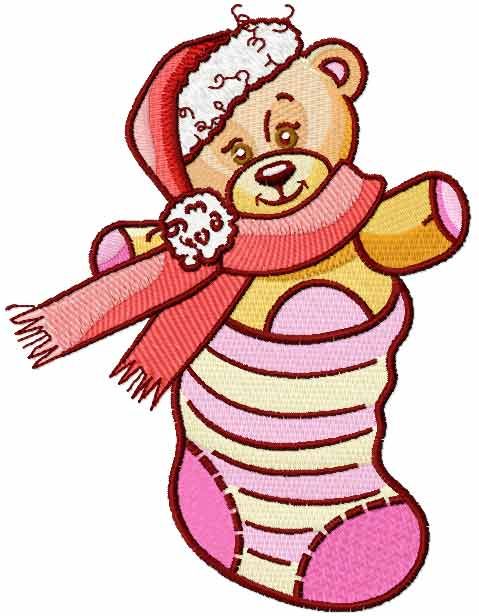 Teddy bear in Christmas sock embroidery design