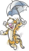 Tiger flying under an umbrella embroidery design