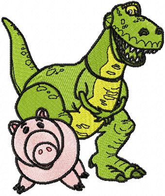 Dinosaur Rex and Pig machine embroidery design