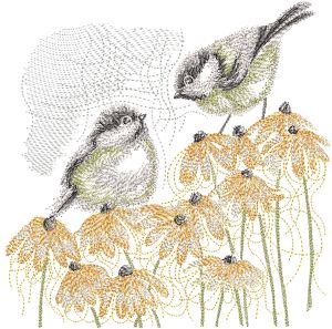 Sparrows on autumn flowers embroidery design