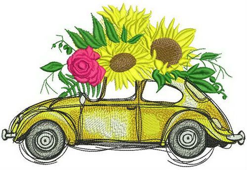 Volkswagen Beetle with sunflowers machine embroidery design