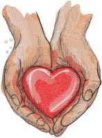 Living red heart in the palms embroidery design