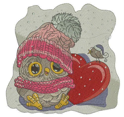 Baby owl with heart machine embroidery design